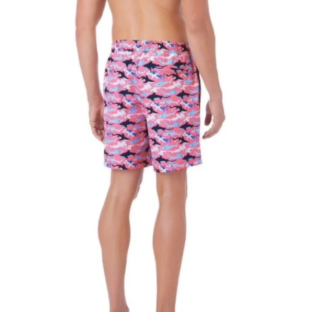 Member’s Mark Men's Resort Liner Swim Trunk Blue & White Sharks/Pink Background